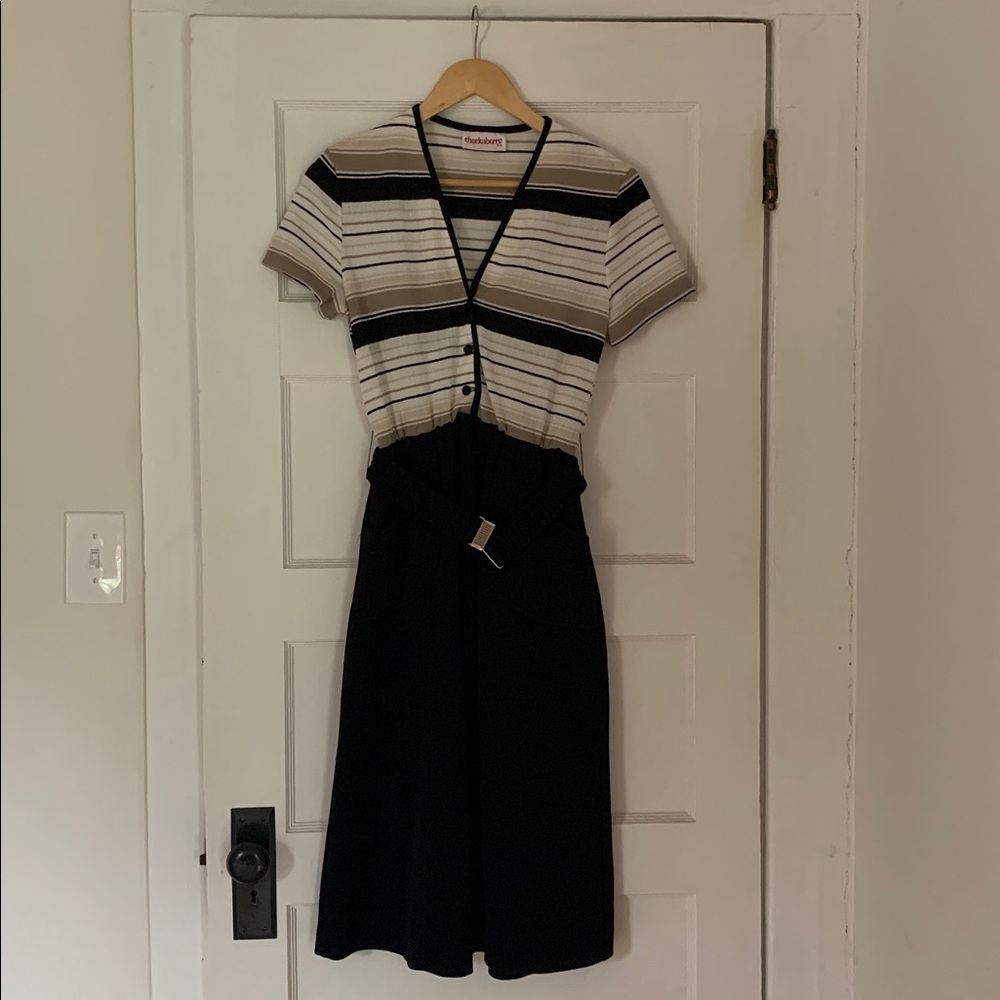 Vintage Black and Cream Striped Midi Dress